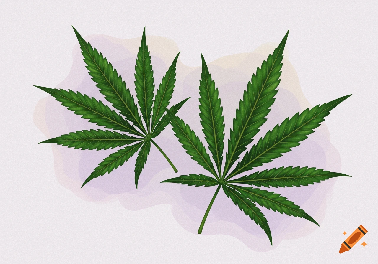 Two stylized green marijuana leaves with a subtle purple aura on a light background, in a tattoo design style.