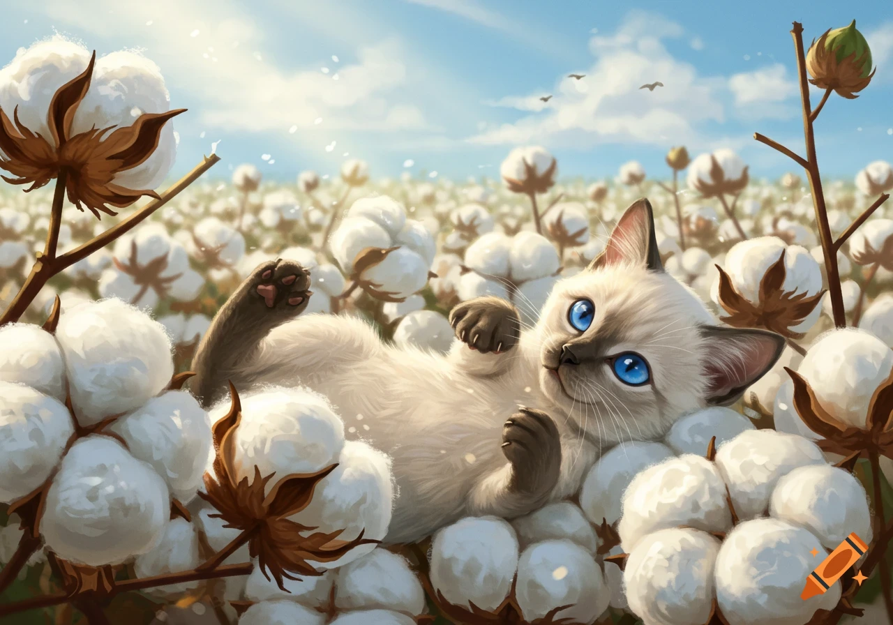 A cute Siamese kitten with bright blue eyes rolls lazily in a fluffy white cotton field under a blue sky.