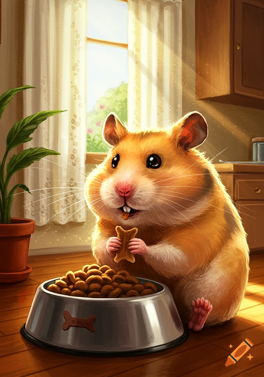 A cute, fluffy orange hamster eats a bone-shaped treat next to a kibble-filled bowl by a sunny window in a cartoon illustration.