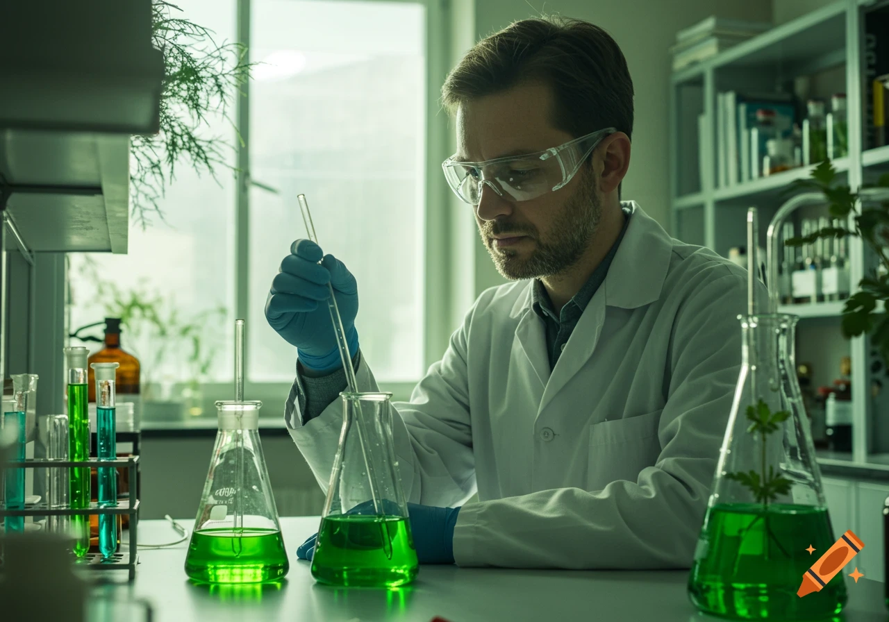 A scientist in a lab coat and safety goggles works with beakers of green liquid in a laboratory setting.
