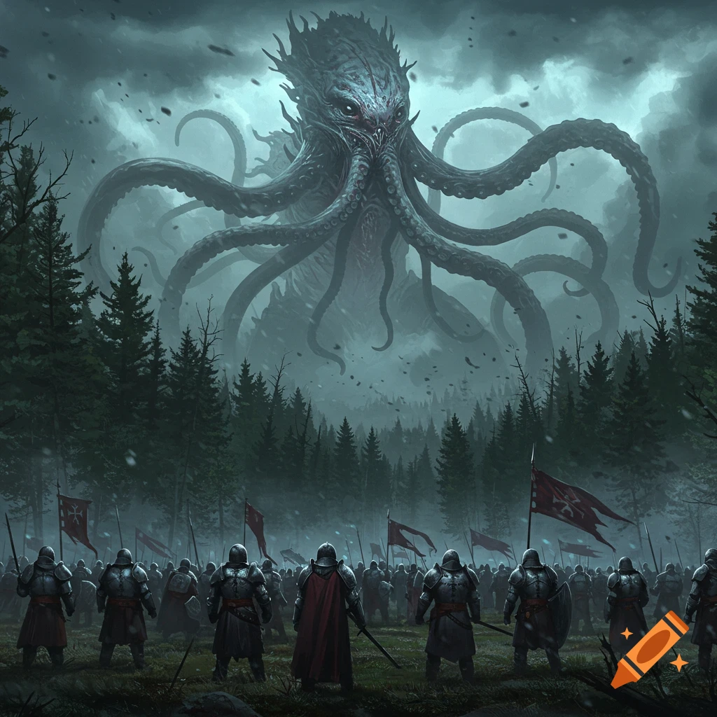 An army of armored soldiers faces a colossal tentacled monster emerging from a dark, stormy forest in an epic dark fantasy scene.