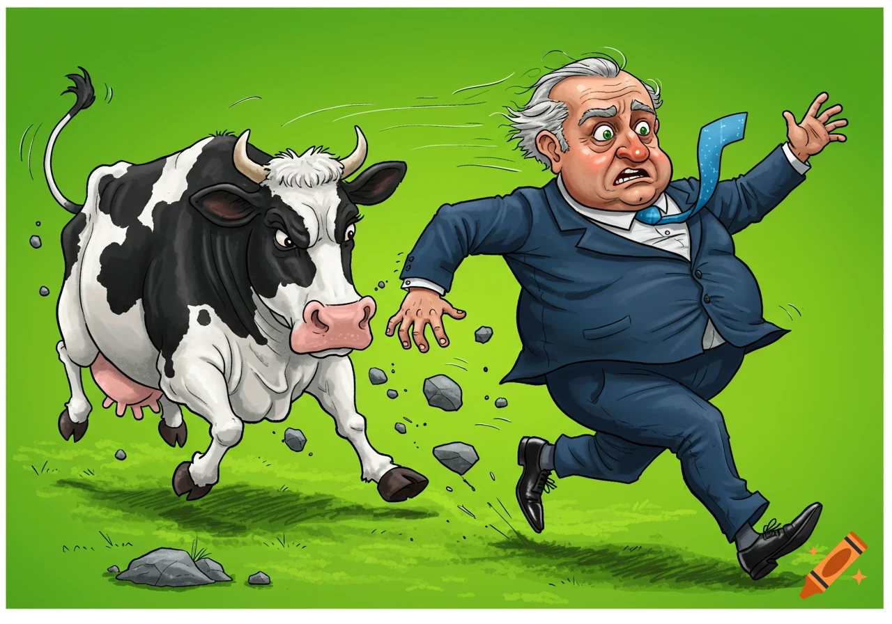A furious black and white cartoon cow chases a terrified overweight man in a suit across a grassy field, kicking up rocks.