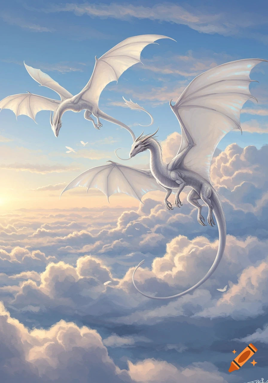 Two majestic white dragons with large wings soar above a sea of fluffy white clouds against a bright, partly cloudy sky.