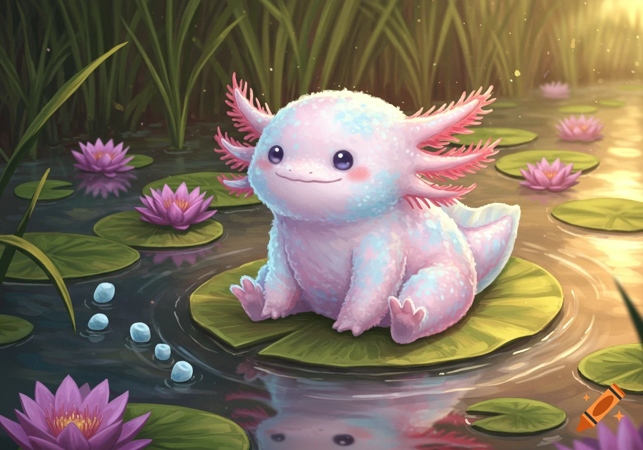 A cute, fluffy, pastel pink and blue marshmallow-like axolotl sits on a lily pad in a whimsical pond with water lilies.