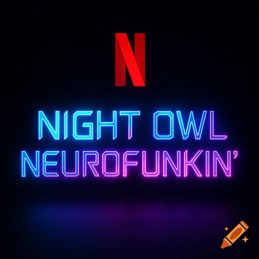 A red Netflix 'N' logo is centered above two lines of glowing neon text. The top line is blue and reads 'NIGHT OWL', and the bottom line is purple and reads 'NEUROFUNKIN''. All are on a solid black background.