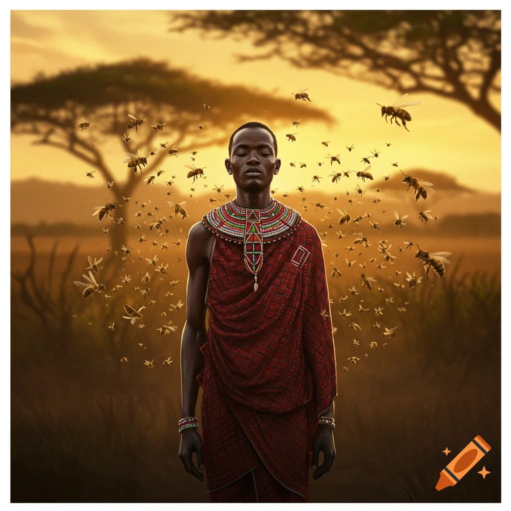 An African man in traditional dress stands peacefully amidst a swirling swarm of bees in a savanna at sunset, photorealistic.