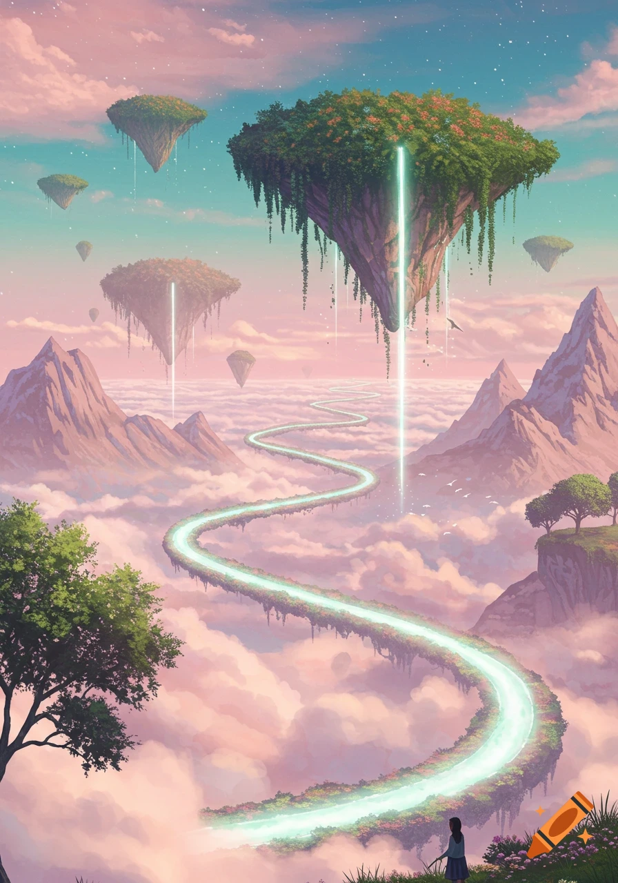 Surreal digital painting of floating islands with trees, a glowing river winding through pink clouds, mountains, and a lone figure looking into the distance.