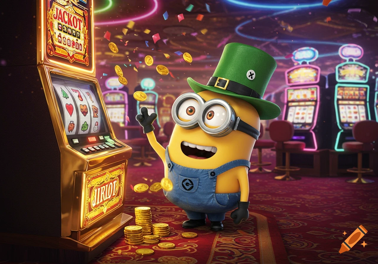 A Minion wearing a green top hat celebrates while gambling at a slot machine in a vibrant casino, with coins and confetti falling.