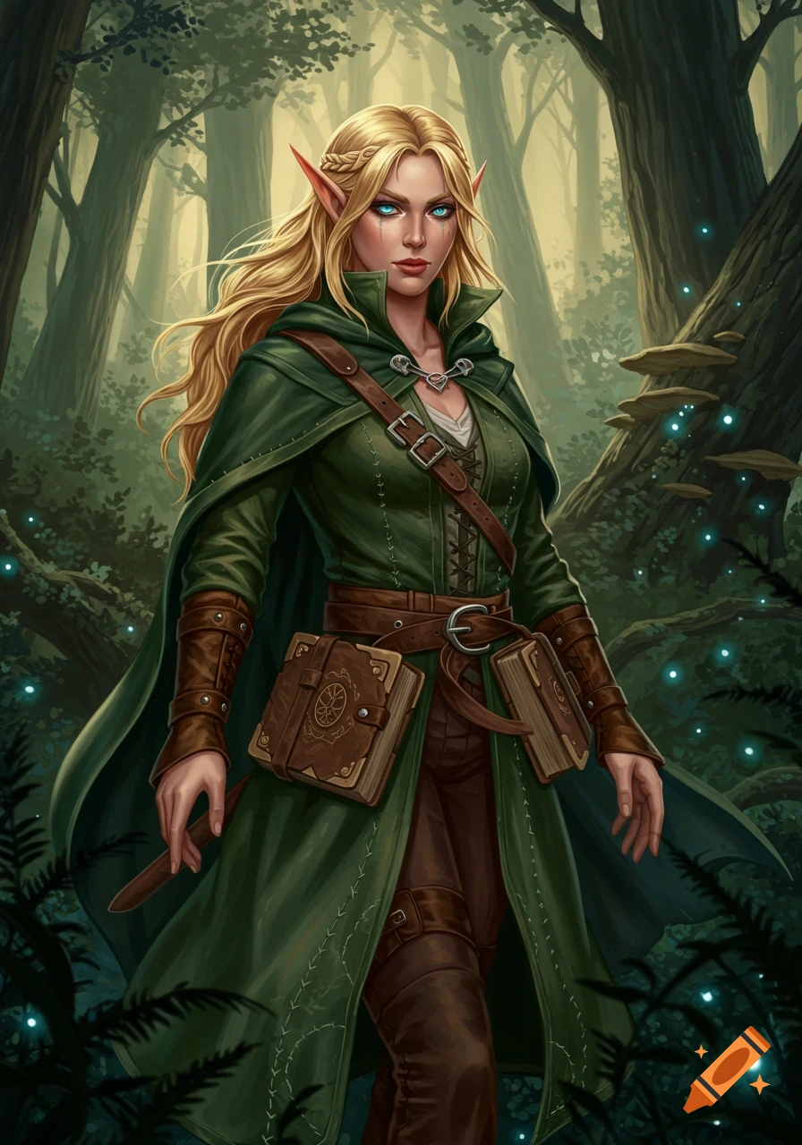 A blonde high elf wizard woman in a green coat and brown leather stands in a mystical forest, in a fantasy art style.