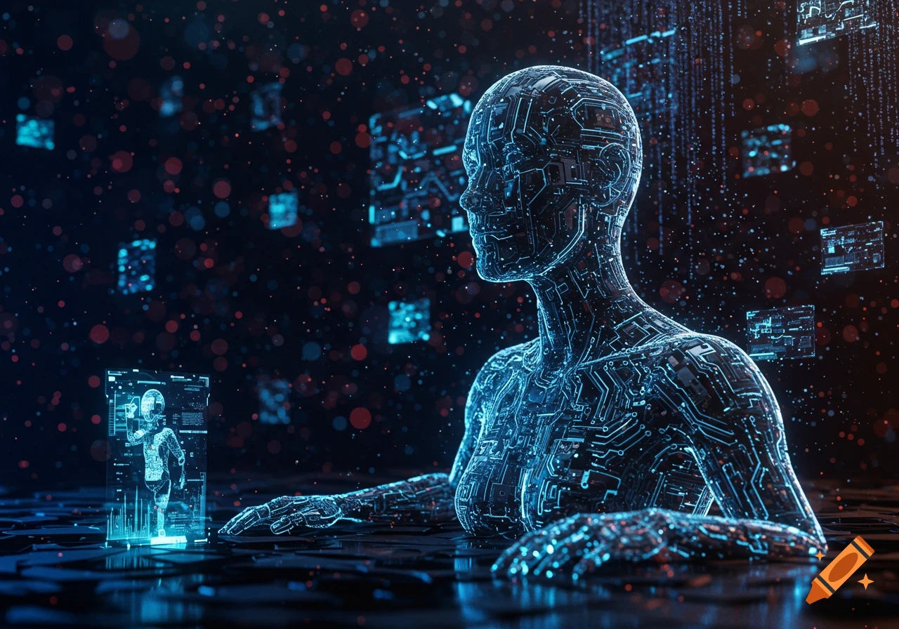 A glowing blue circuit board humanoid figure sits at a dark table, surrounded by floating digital data and a holographic display.