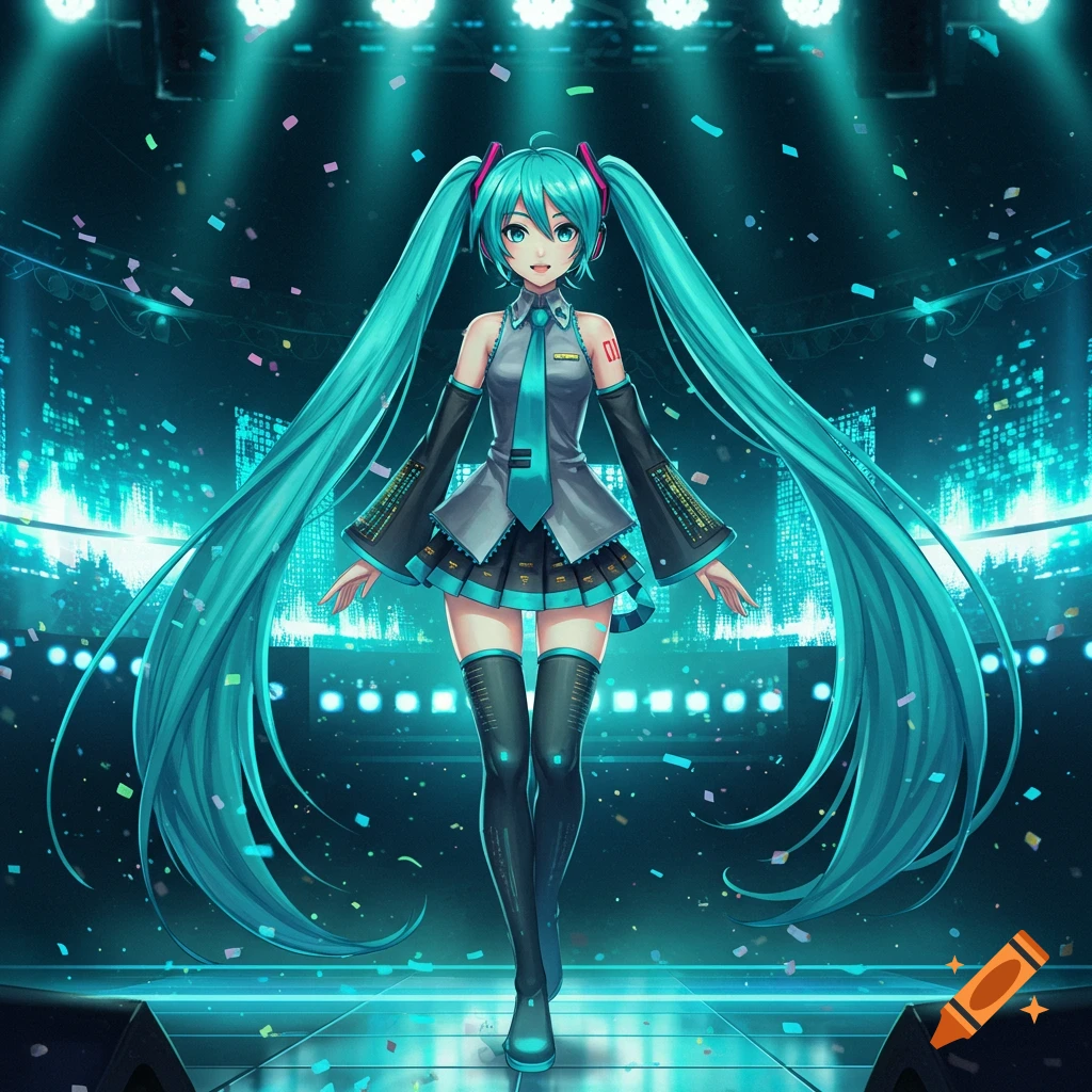 Hatsune Miku, an anime character with long turquoise pigtails, stands on a dark stage with glowing teal lights and confetti.