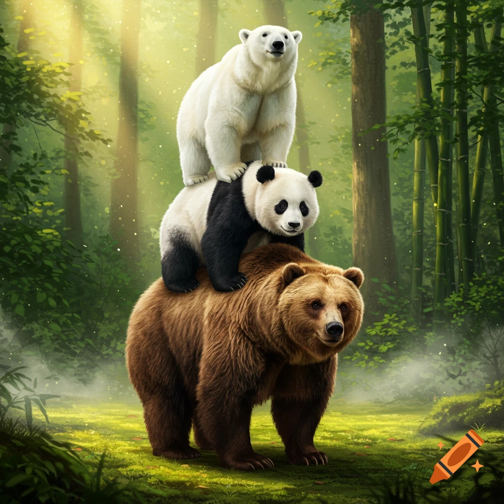 A brown bear, a panda, and a polar bear are stacked on top of each other in a sunlit forest.
