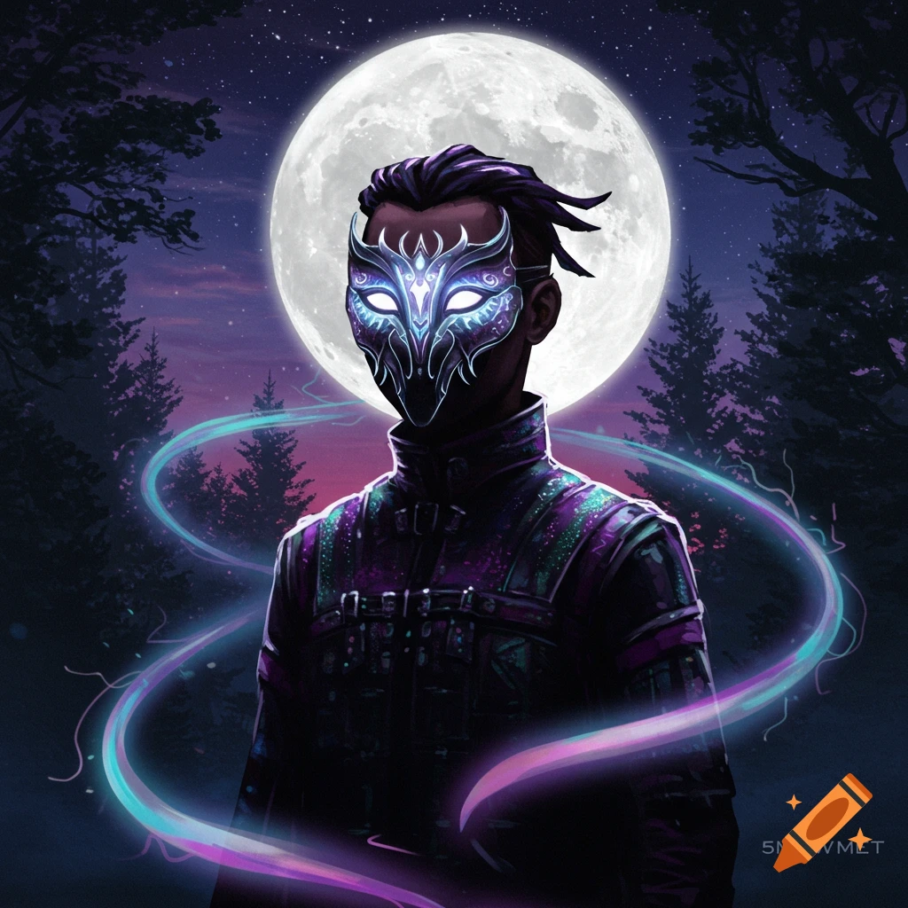 A person in a detailed, glowing blue and purple mask stands in a moonlit forest. Swirling blue and purple energy trails around them.