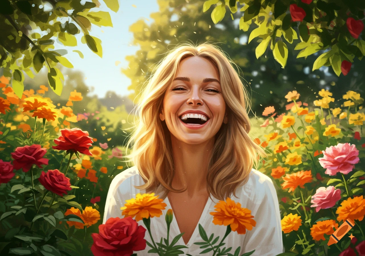 A happy blonde woman with long hair laughs brightly while holding flowers in a vibrant, sunlit garden.