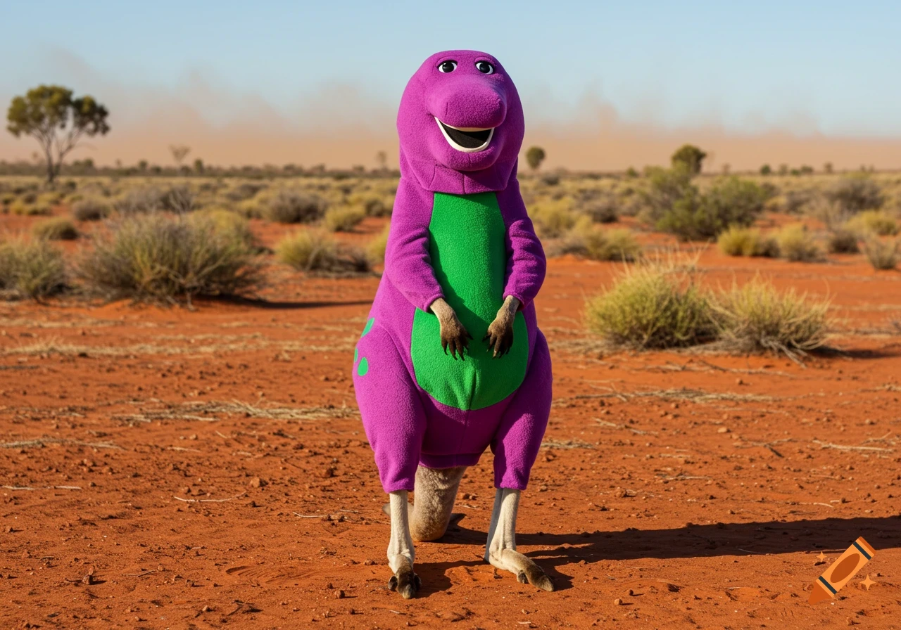 A kangaroo in a purple Barney the dinosaur mascot costume stands in a vast, red-dirt desert landscape under a clear sky.