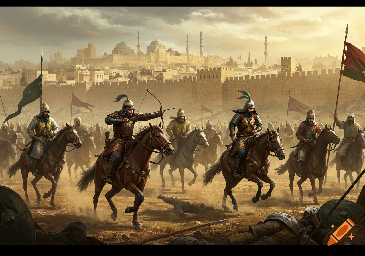 Medieval armies on horseback battle in a dusty landscape before a walled desert city under siege, in a detailed painting style.