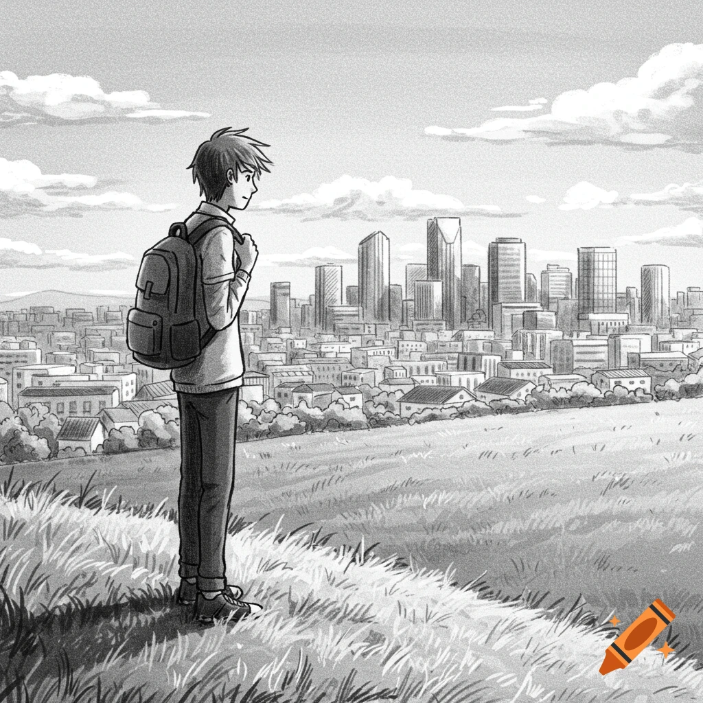 A black and white pencil drawing of a male student with a backpack standing on a grassy hill, overlooking a modern city skyline.