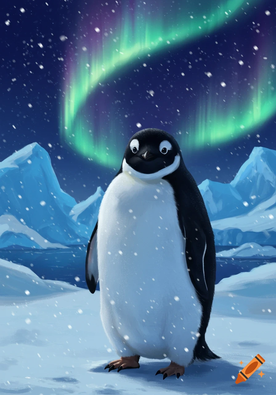A cute cartoon penguin stands in a snowy arctic landscape under a vibrant green and purple aurora borealis.
