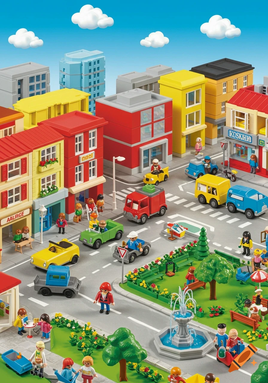 A vibrant Playmobil city scene with colorful buildings, roads, vehicles, people, and a park with a fountain, under a blue sky with white clouds.