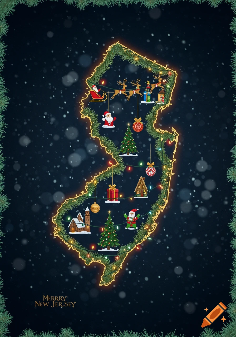 A festive illustration of the New Jersey state outline adorned with Christmas garland, lights, Santa, reindeer, trees, and ornaments, with falling snow. Text reads "MERRRY NEW JER-SEY" at the bottom.