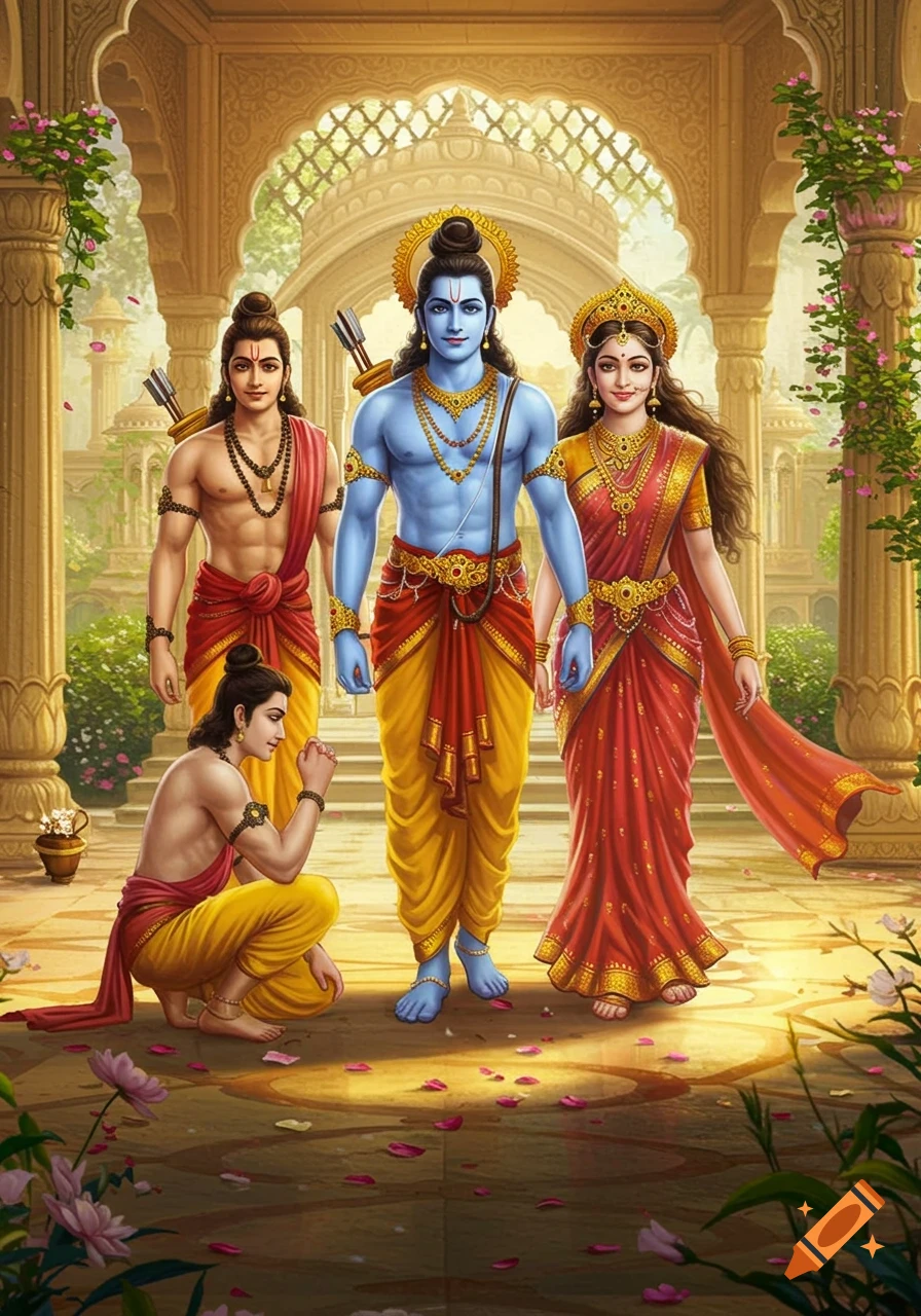 A digital painting of blue-skinned Rama, Queen Sita, and Lakshmana standing with Hanuman kneeling under ornate arches.