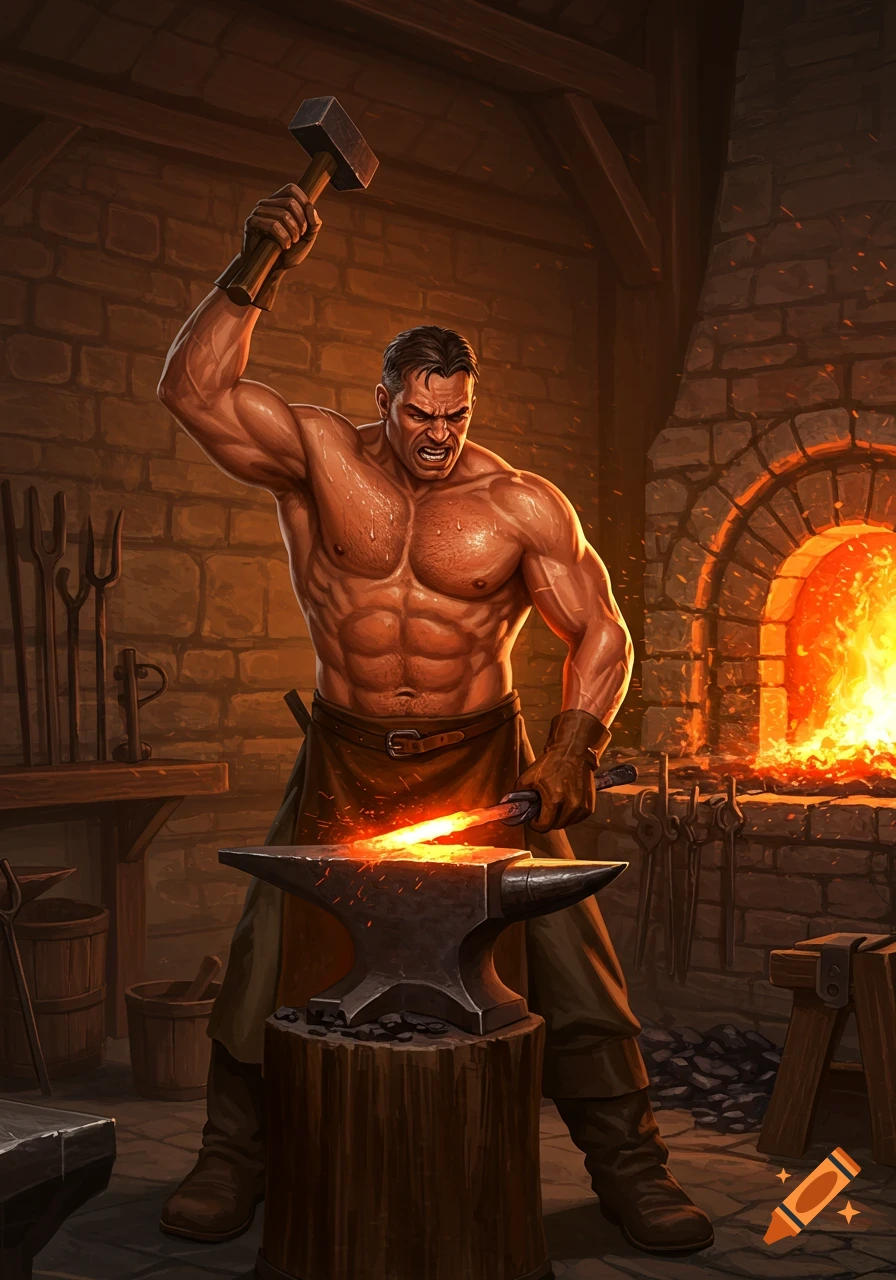 A muscular blacksmith, shirtless with an apron, hammers glowing iron on an anvil in a fiery forge, in a detailed illustration.