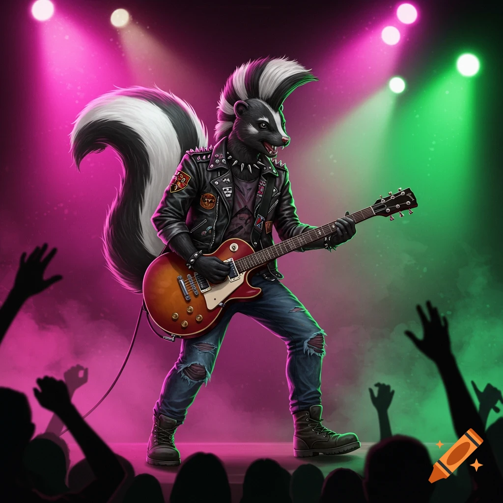 A punk rock skunk with a mohawk and leather jacket plays an electric guitar on stage under pink and green spotlights, with silhouettes of a crowd in the foreground.