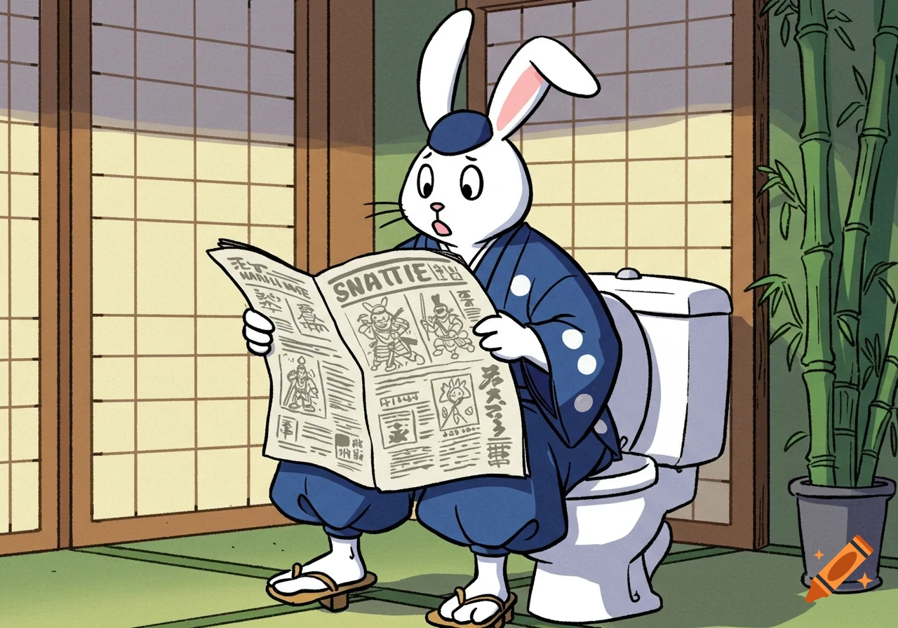 A comic-style white samurai rabbit Miyamoto Usagi sits on a toilet, pants around his ankles, reading a newspaper with "SNATTIE" on the front. He looks surprised. A potted bamboo plant stands nearby.