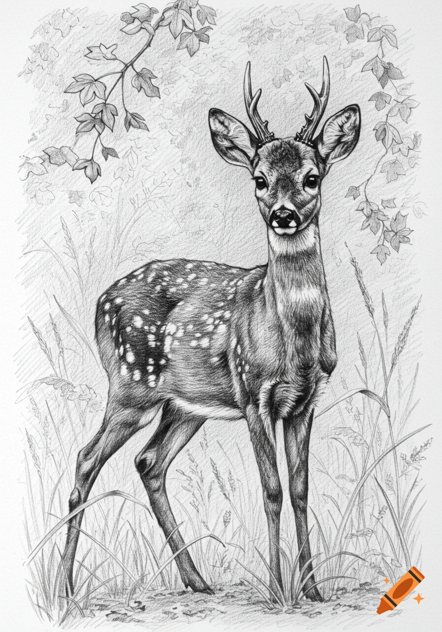 A detailed pencil sketch of a small, spotted deer with short antlers standing in tall grass and foliage.