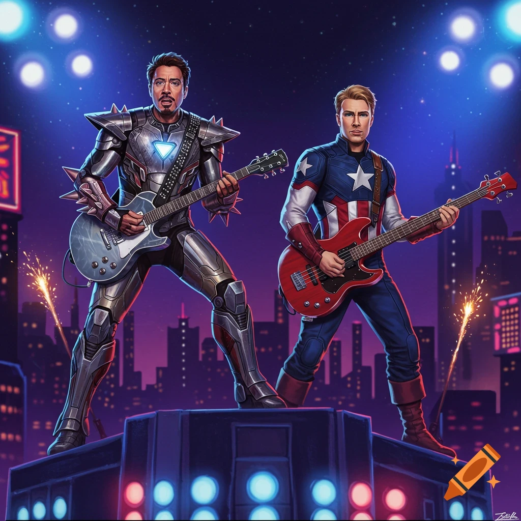 Iron Man in a spiked suit plays an electric guitar while Captain America in his classic suit plays a bass, performing on a rooftop stage overlooking a city at night.