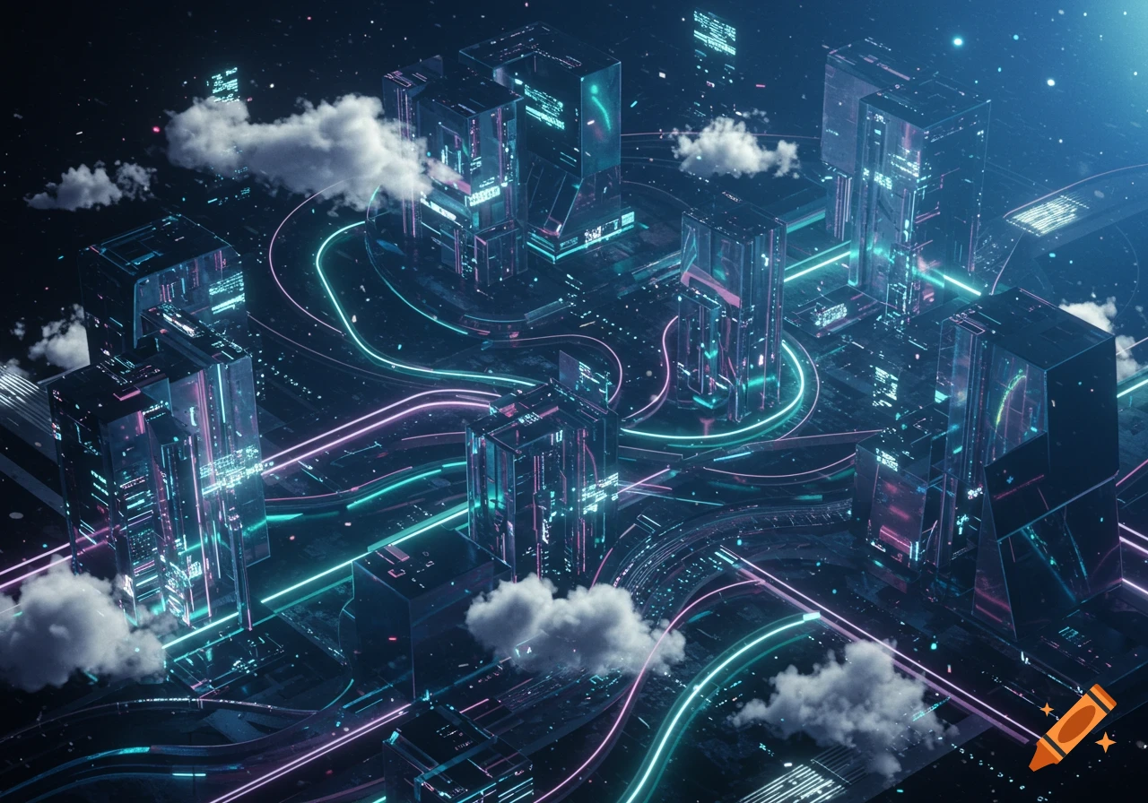 A vibrant cyberpunk city at night with towering neon-lit skyscrapers, glowing data lines, and ethereal clouds.
