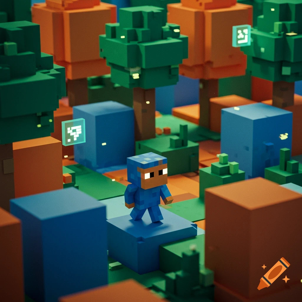 A blue pixelated character stands in a colorful blocky world with orange, green, and blue structures, reminiscent of a video game.