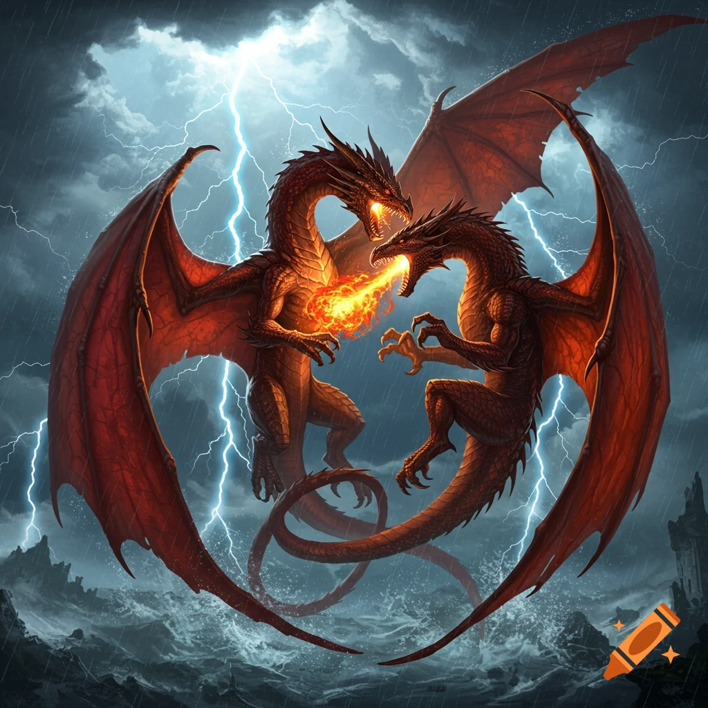 Two red-brown dragons with large red wings battle, one breathing fire towards the other, set against a stormy sky with lightning over a rough sea.