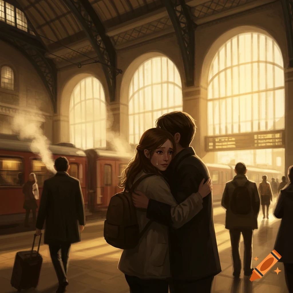 Painterly scene of a crying woman embracing a man at a train station platform, with a steaming train and other passengers.