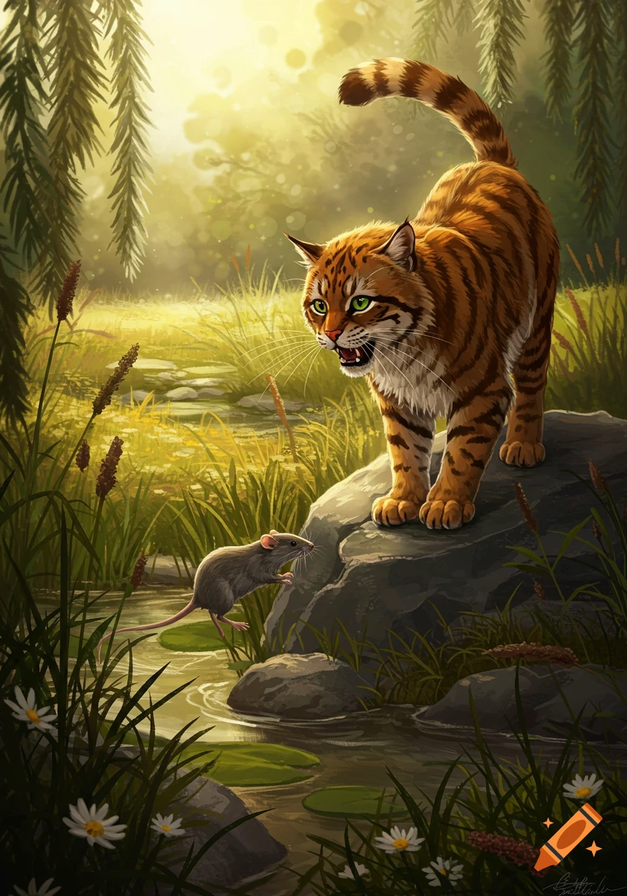 Stylized illustration of an angry, tiger-striped cat on a rock, glaring at a small mouse by a sunlit stream in a vibrant forest.