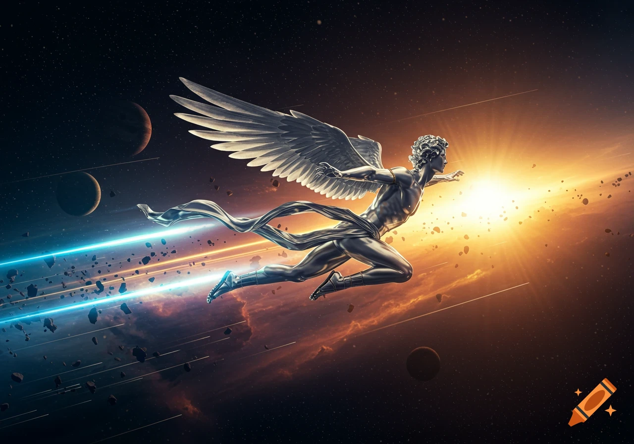 A metallic winged figure, like the god Mercury, soars through space with glowing trails, surrounded by planets and asteroids.