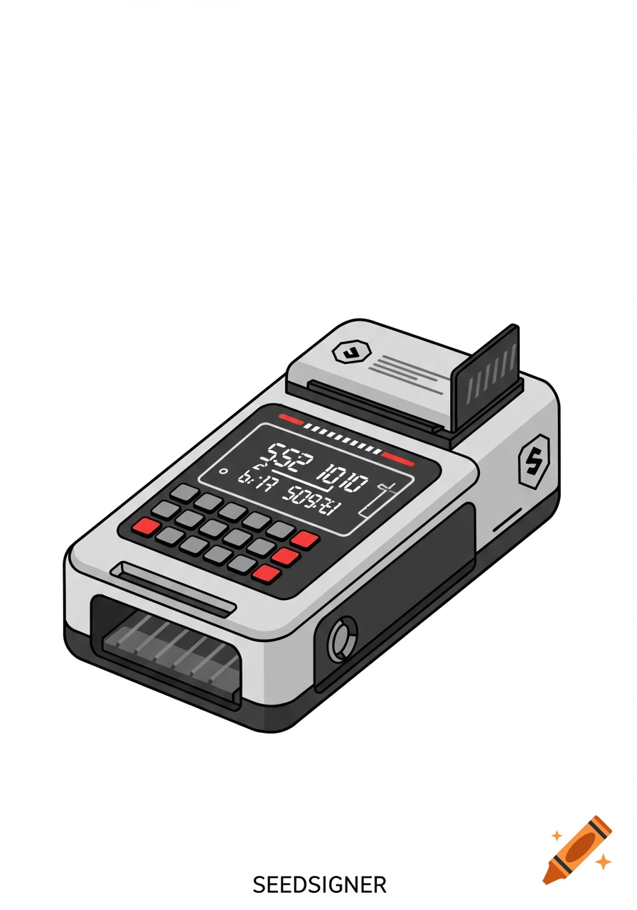 An isometric illustration of a grey Seedsigner hardware wallet with a digital screen and buttons.
