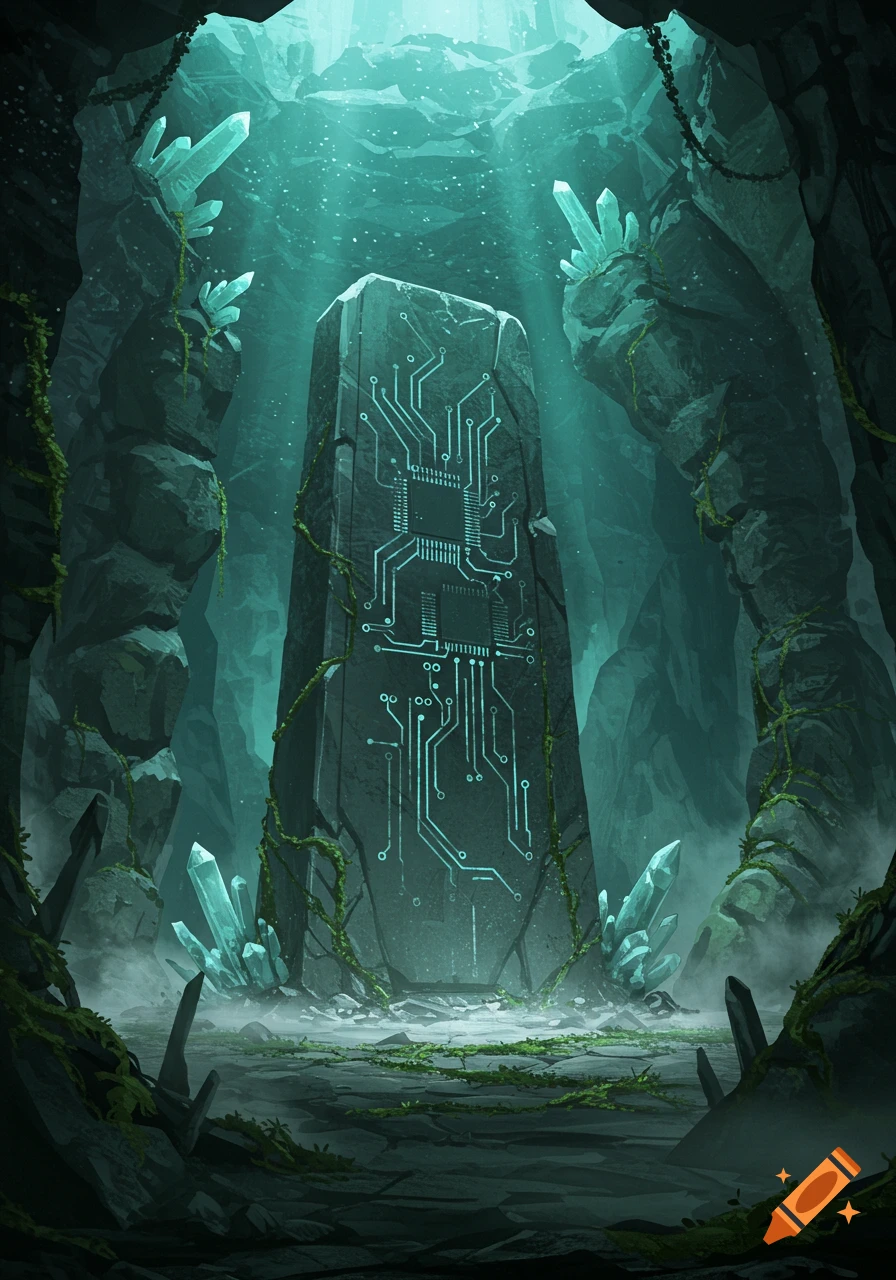 A glowing circuit board pattern on a dark stone monolith in a mystical, crystal-filled cave with rays of light.