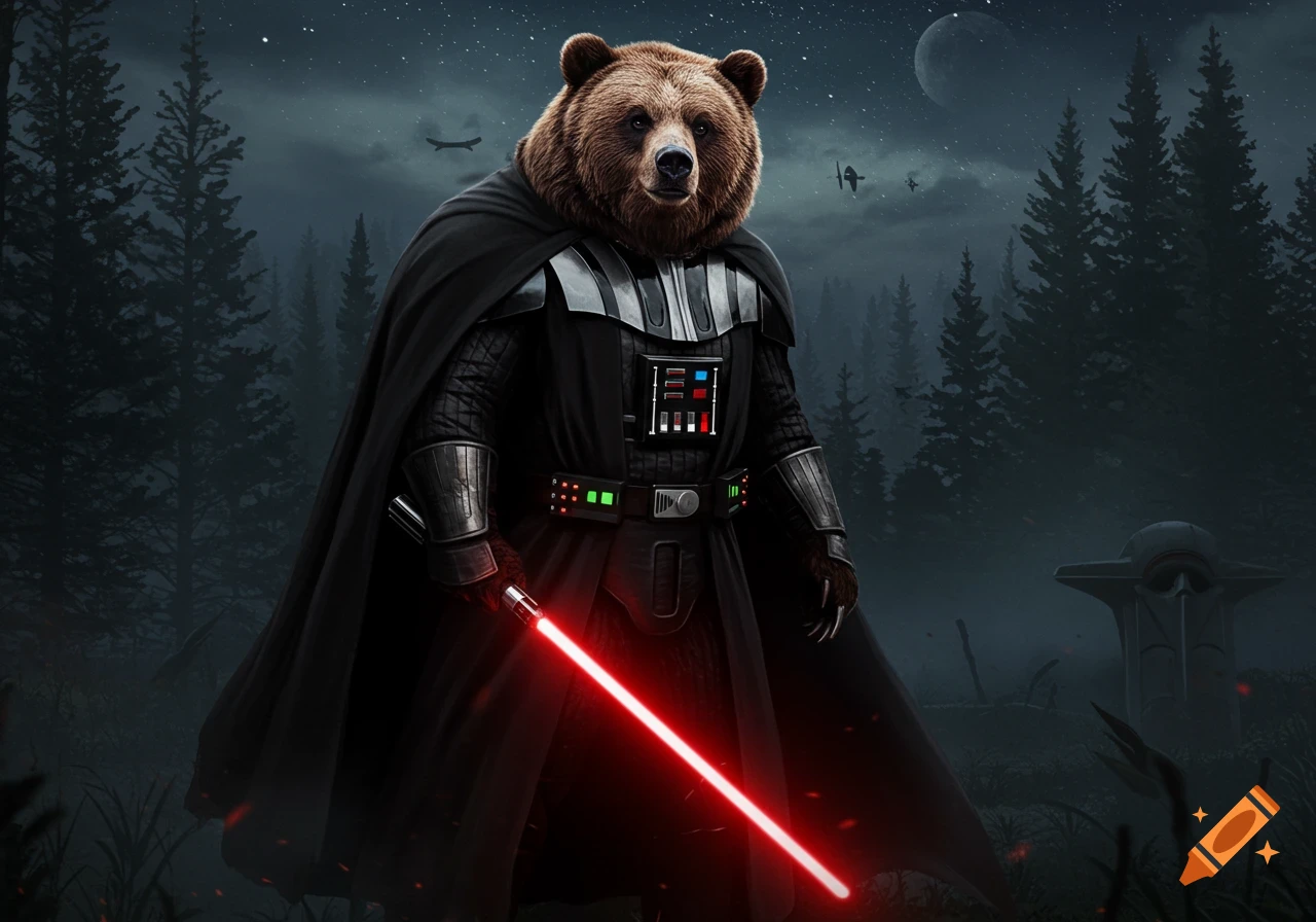 A photorealistic bear in a Darth Vader suit holds a red lightsaber in a dark, moonlit forest with spaceships.