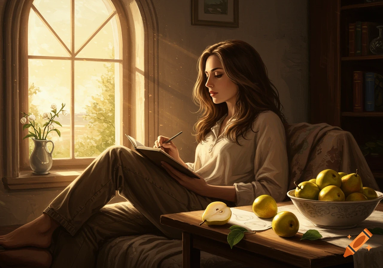 A woman with long brown hair sits by a sunlit arched window, writing in a book. Pears are on the table next to her. The style is painterly.