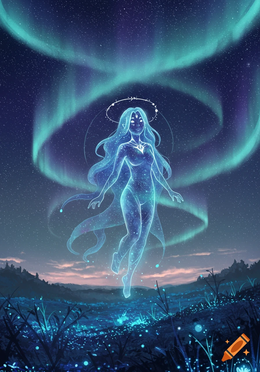 An ethereal woman made of stars and light floats above a glowing landscape under a starry sky with aurora borealis. Digital art.