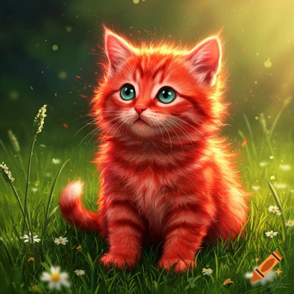 A cute, fluffy red kitten with bright aqua eyes and glowing fur sits in green grass with small white flowers under sunlight.