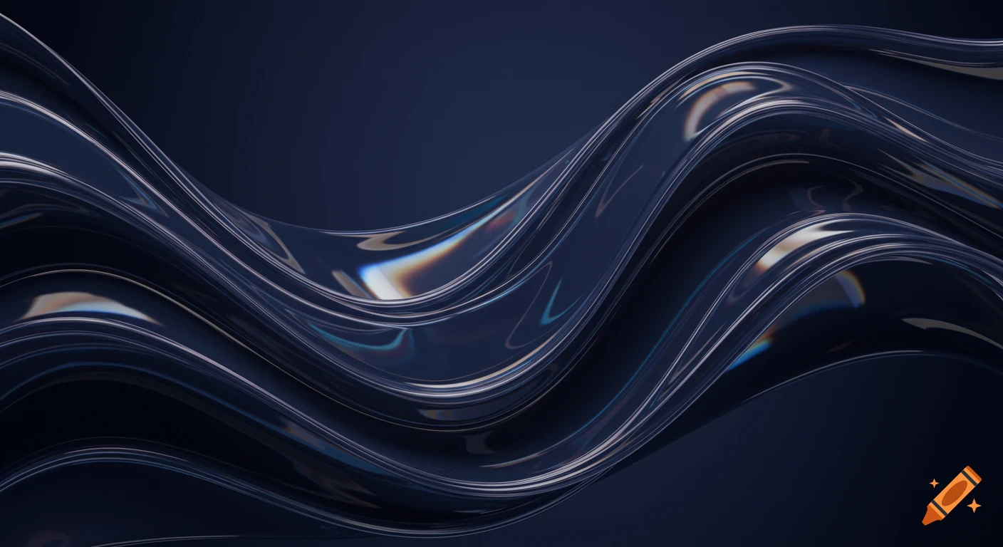 Dark, flowing, reflective waves resembling liquid glass with iridescent highlights on an indigo background.