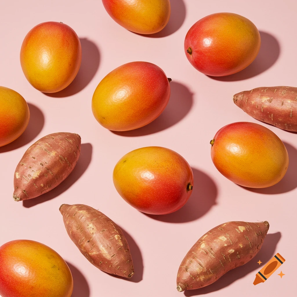Ripe mangoes and sweet potatoes are scattered on a pink background, viewed from above, in a photorealistic style.