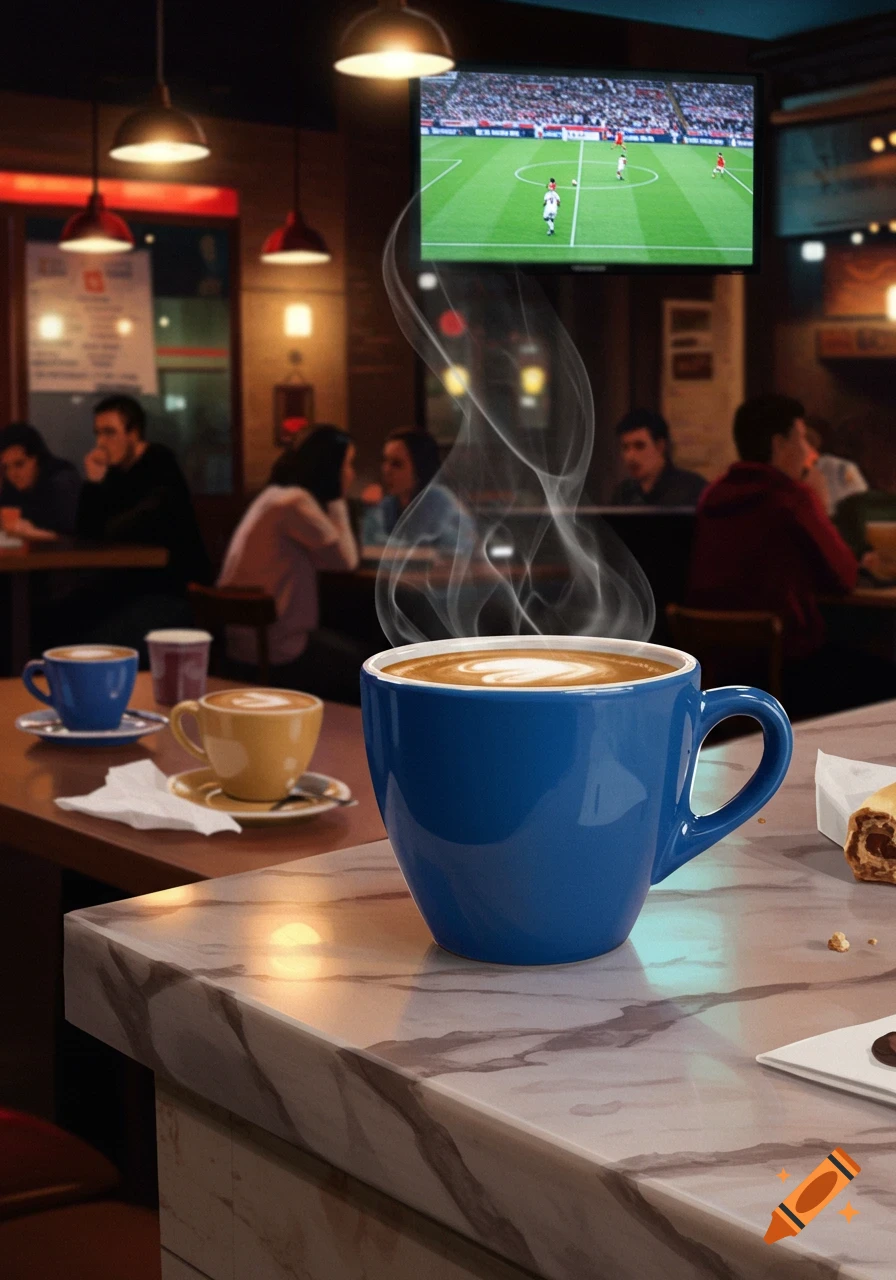A vibrant blue coffee cup with latte art and steam sits on a marble countertop in a bustling coffee shop. In the background, a TV screen shows a soccer game, while blurred figures of patrons are visible.
