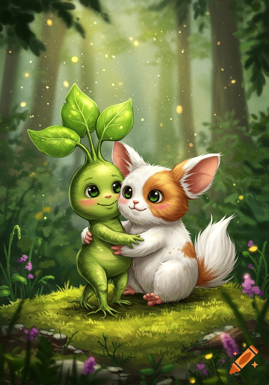 A cute green mandrake with leaf hair hugs a fluffy white and brown mogwai in a magical forest.