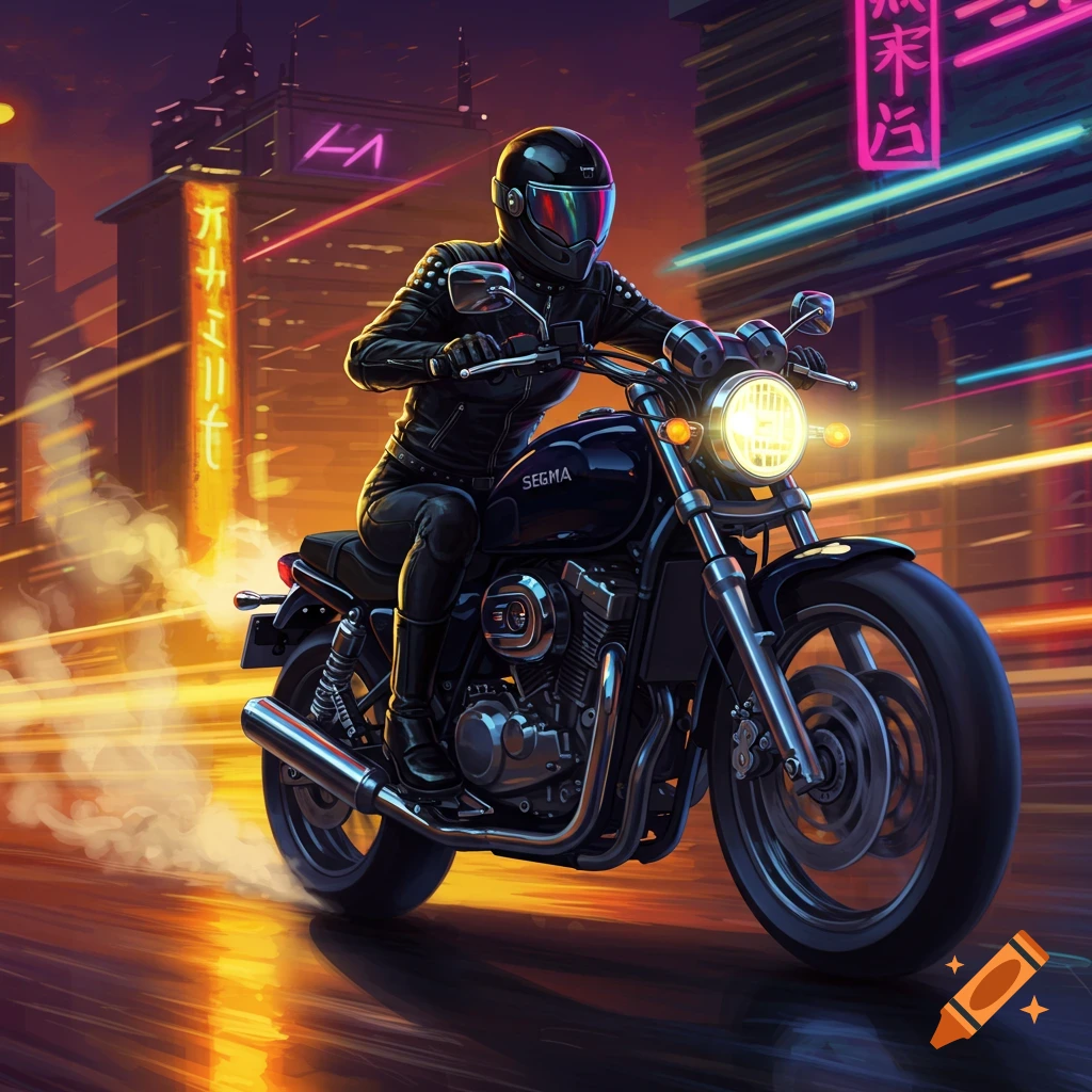 A person in a black leather suit and helmet rides a dark motorcycle at night through a vibrant cyberpunk city, surrounded by neon lights and glowing streets.