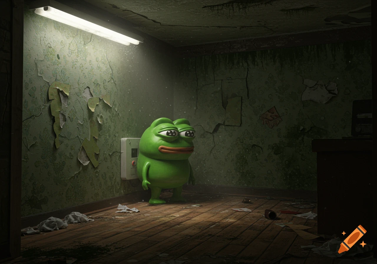 Pepe the Frog stands in a dilapidated, dirty room with peeling green wallpaper and scattered trash.