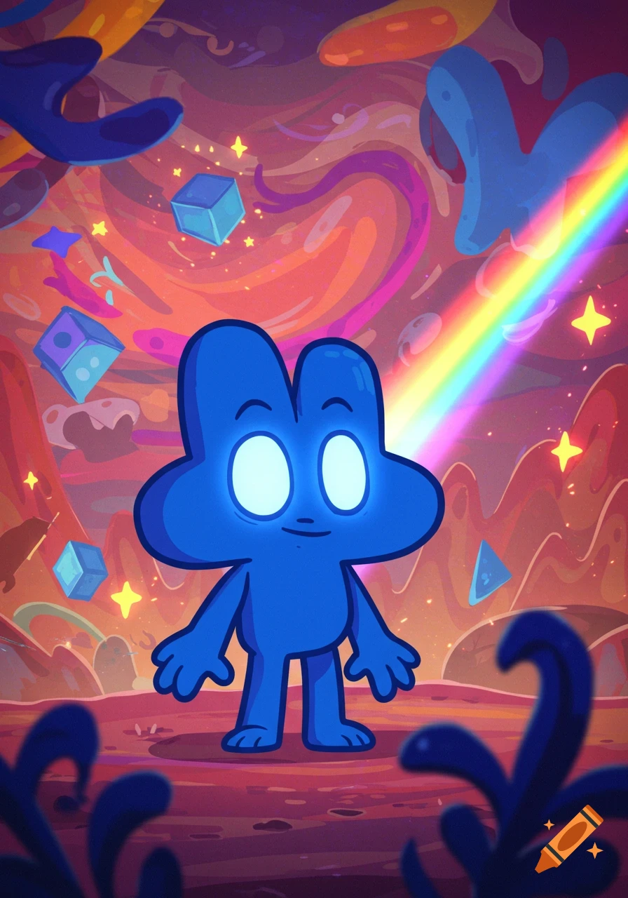 A blue cartoon character 'Four' with glowing eyes stands in a colorful, surreal landscape with a rainbow and floating cubes.