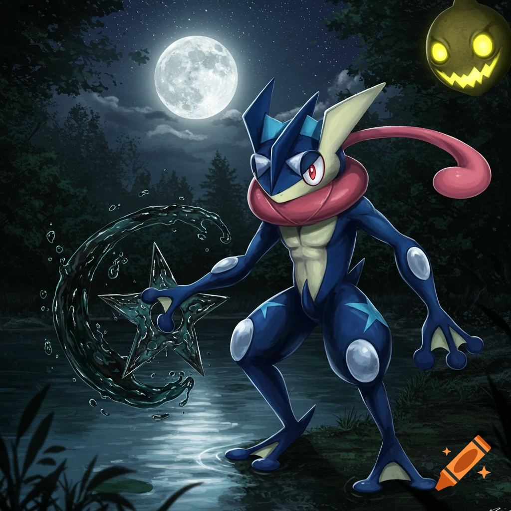 Greninja holds a dark water shuriken by a moonlit lake in a dark forest, with a glowing pumpkin head nearby. Illustration.